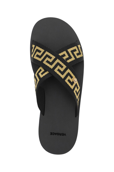 Shop Versace Criss-crossed Greca Ribbon Sandals In Black,gold