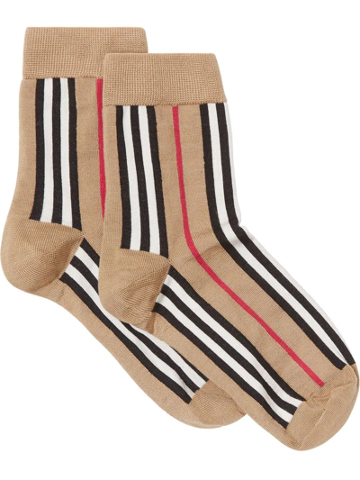 Shop Burberry Icon Stripe Intarsia-knit Socks In Brown