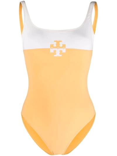 Shop Tory Burch Logo Colour-block Swimsuit In Orange