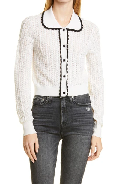 Shop Alice And Olivia Goldie Contrast Trim Wool Blend Crochet Cardigan In Soft White/ Black