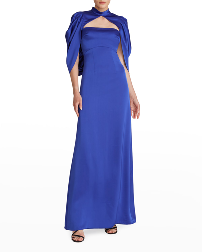 Shop Theia Carrie Draped Cape-sleeve Gown In Clematis Blue