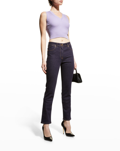 Shop Versace Mid-rise Glitter Medusa Logo Straight-leg Jeans In Dark Blue