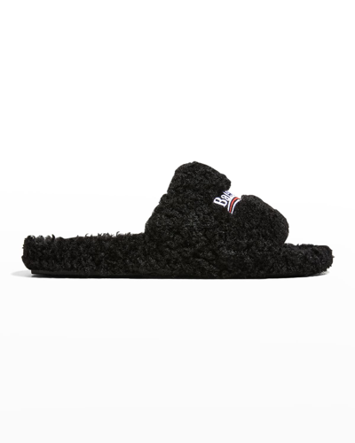 Shop Balenciaga Men's Furry Logo Slide Sandals In Nero/rouge
