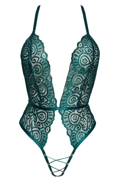 Shop Roma Confidential Plunge Lace Open Gusset Teddy In Green