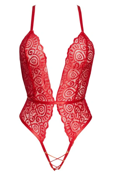 Shop Roma Confidential Plunge Lace Open Gusset Teddy In Red