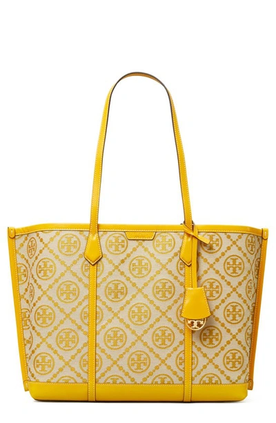 Shop Tory Burch Perry T Monogram Jacquard Triple Tote In Goldfinch