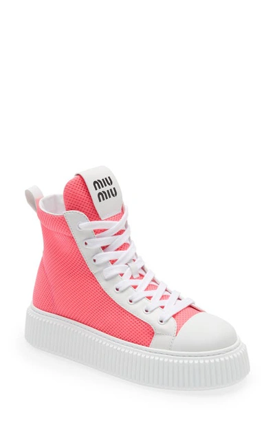 Shop Miu Miu Logo High Top Sneaker In Rosa Fluo/bianco