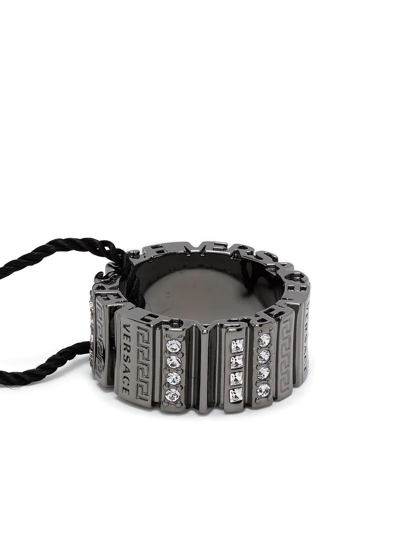 Shop Versace Crystal Embellished Greca Ring In Silver