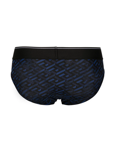 Shop Versace La Greca Logo-waistband Briefs In Blue