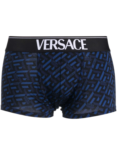 Shop Versace La Greca Print Boxers In Blue