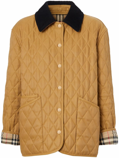 Shop Burberry Corduroy-collar Diamond-quilted Jacket In Braun