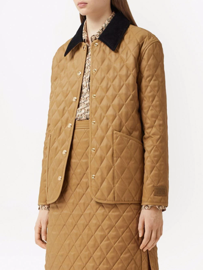 Shop Burberry Corduroy-collar Diamond-quilted Jacket In Braun