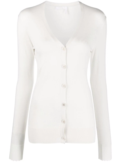 Chloé Scallop-cuff Wool Cardigan In Neutrals