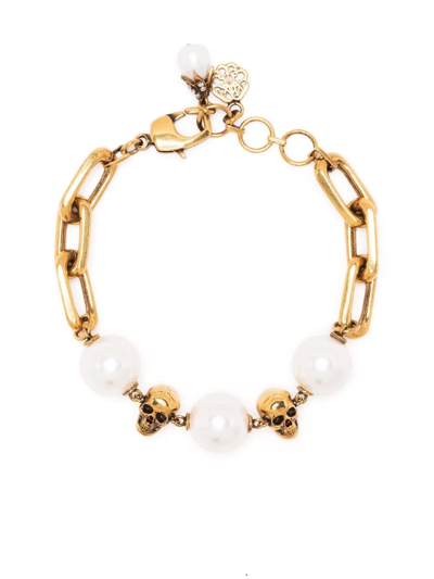 Shop Alexander Mcqueen Pearl-embellished Skull Bracelet In Gold