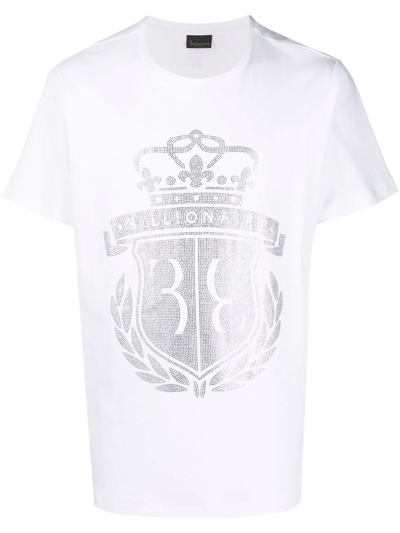 Shop Billionaire Embellished Crest Cotton T-shirt In White