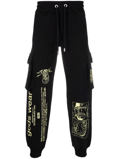 Shop Gcds Graphic-print Cotton Track Pants In Black