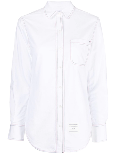 Shop Thom Browne Logo-patch Long-sleeve Shirt In White