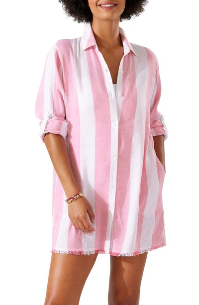 Shop Tommy Bahama Rugby Beach Stripe Cover-up Tunic Shirt In Coral Coast