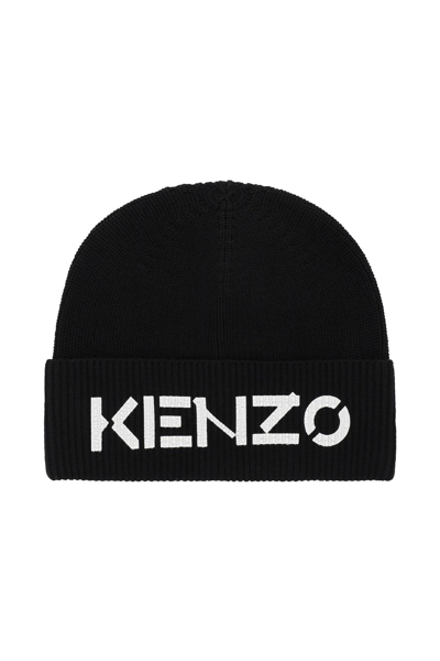 Shop Kenzo Logo Painted Ribbed Beanie In Black