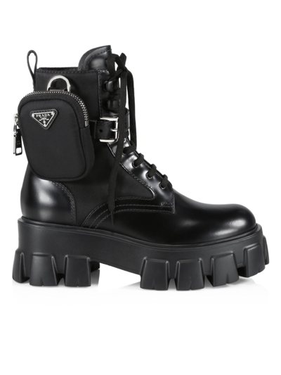 Shop Prada Monolith Leather & Nylon Lug-sole Combat Boots In Deserto