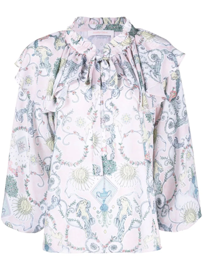 Shop See By Chloé Baroque-print Ruffled Blouse In 6za Rosa Multicolor