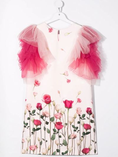 Shop Monnalisa Teen Rose-print Tulle Dress In Pink