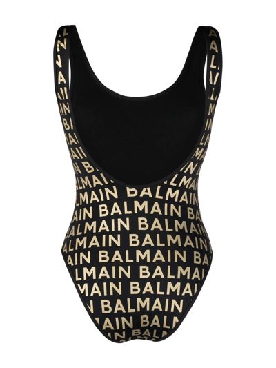Shop Balmain Metallic-threaded Logo Swimsuit In Black