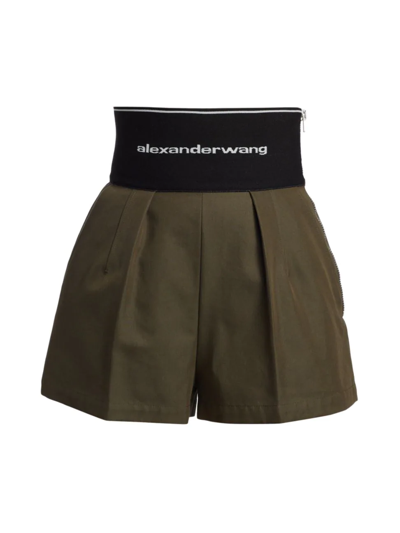 Shop Alexander Wang Banded Logo Waist Shorts In Army Green