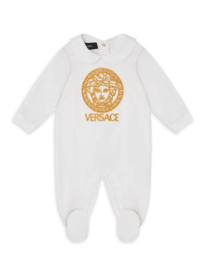 Shop Versace Baby's Logo Cotton-blend Footed Bodysuit In White