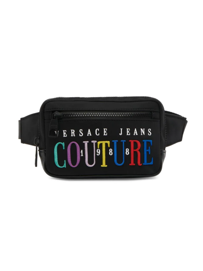 Shop Versace Jeans Couture Multicolor Embroidered Logo Belt Bag In Black