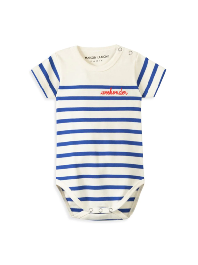 Shop Maison Labiche Baby Boy's Striped "weekender" Bodysuit In Ivory Blue