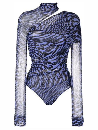 Shop Mugler Asymmetric Star Print Bodysuit In Blue