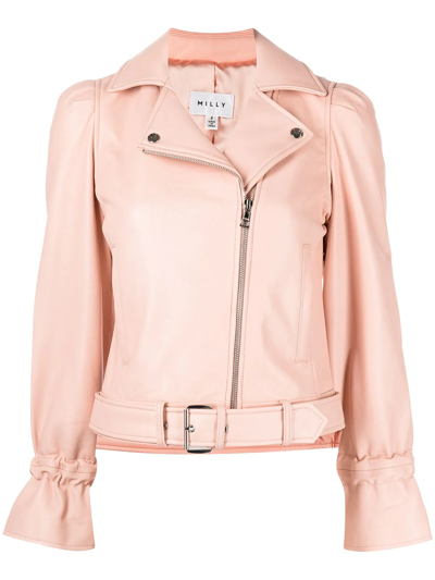 Shop Milly Yvonna Leather Jacket In Pink