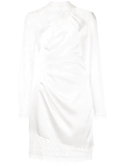 Shop Aidan Mattox Lace-trim Ruched Satin Dress In Ivory