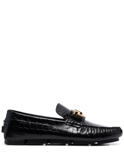 Shop Versace Greca Crocodile-effect Leather Loafers In Black