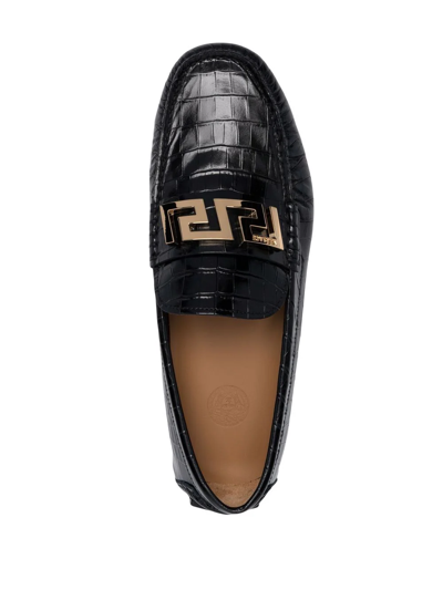 Shop Versace Greca Crocodile-effect Leather Loafers In Black