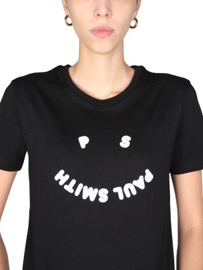 Shop Ps By Paul Smith "happy" T-shirt With Flocked Logo In Black