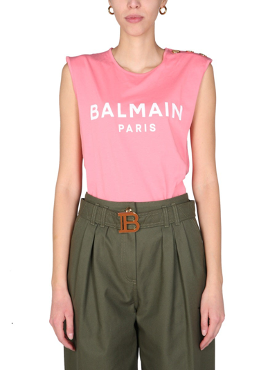 Shop Balmain T-shirt With Logo Print In Pink