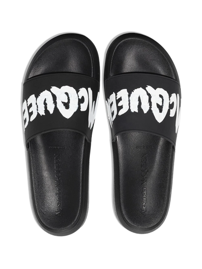 Shop Alexander Mcqueen Graffiti-logo Slip-on Slides In Schwarz