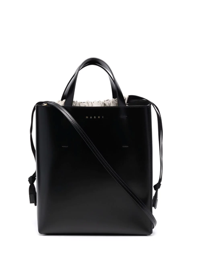 Shop Marni Museo Drawstring Leather Tote Bag In Schwarz