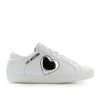Shop Love Moschino White Sneaker With Silver Heart