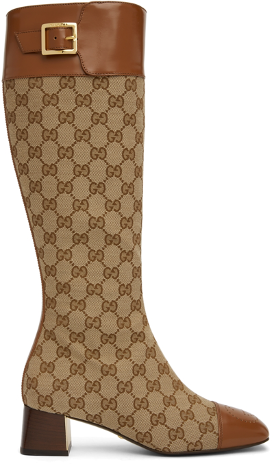 Shop Gucci Beige & Tan Gg Tall Boots In 9786 Beige Ebony/can