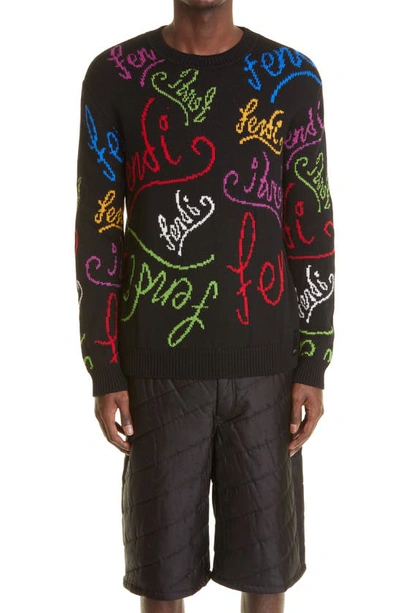 Shop Fendi X Noel Fielding Script Logo Intarsia Wool Sweater In Black