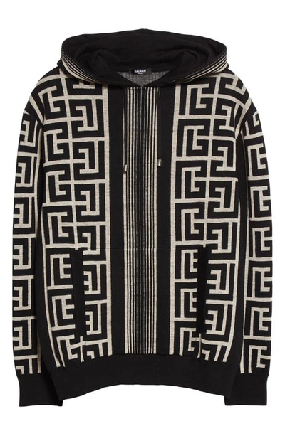 Balmain Hooded Wool Blend Sweater With All-over Monogram In Ivory/ Noir