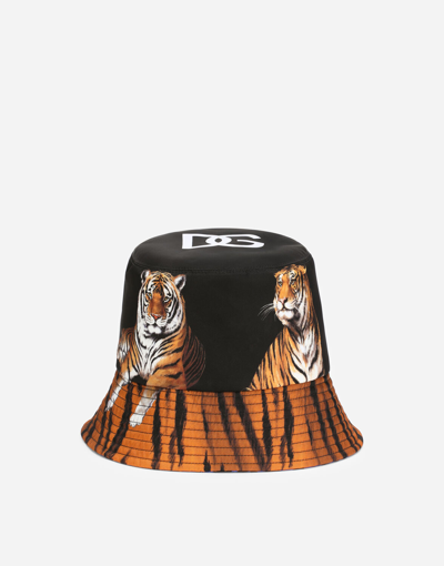 Shop Dolce & Gabbana Reversible Bucket Hat In Tiger-print Nylon In Multicolor