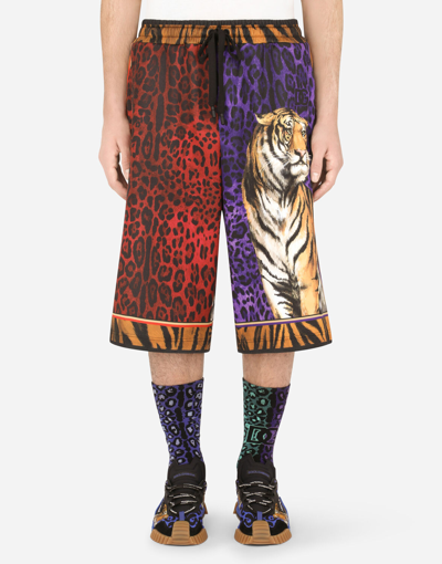 Shop Dolce & Gabbana Trousers And Shorts - Technical Jersey Jogging Shorts With Tiger Print In Multicolor