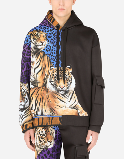 Shop Dolce & Gabbana Sweatshirts - Technical Jersey Hoodie With Tiger Print In Multicolor