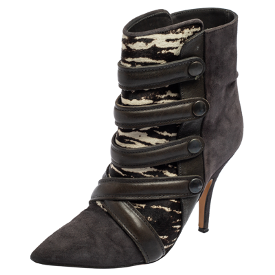 Pre-owned Isabel Marant Anthracite Grey Suede And Zebra Print Pony Hair Tacy Ankle Boots Size 37