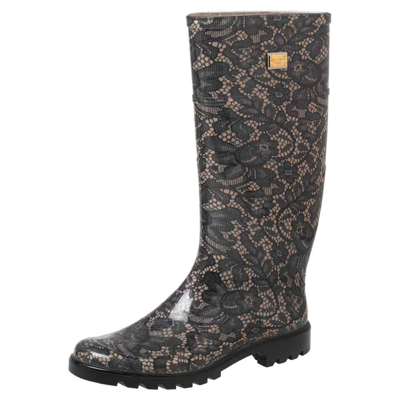 Pre-owned Dolce & Gabbana Black/beige Lace Printed Jelly Round-toe Rain Boots Size 36