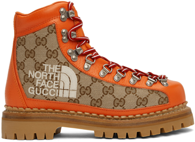Shop Gucci Orange The North Face Edition Lace-up Boots In 7570 D.orange/d.ora/